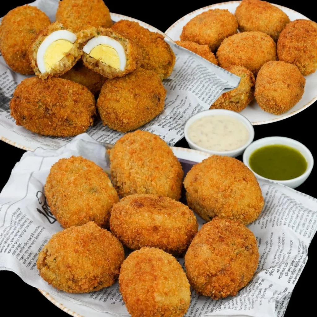 Crispy potato egg cutlet served on a white plate with fresh herbs