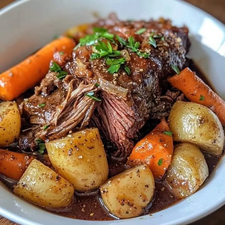 Crockpot roast with potatoes and carrots served in a bowl