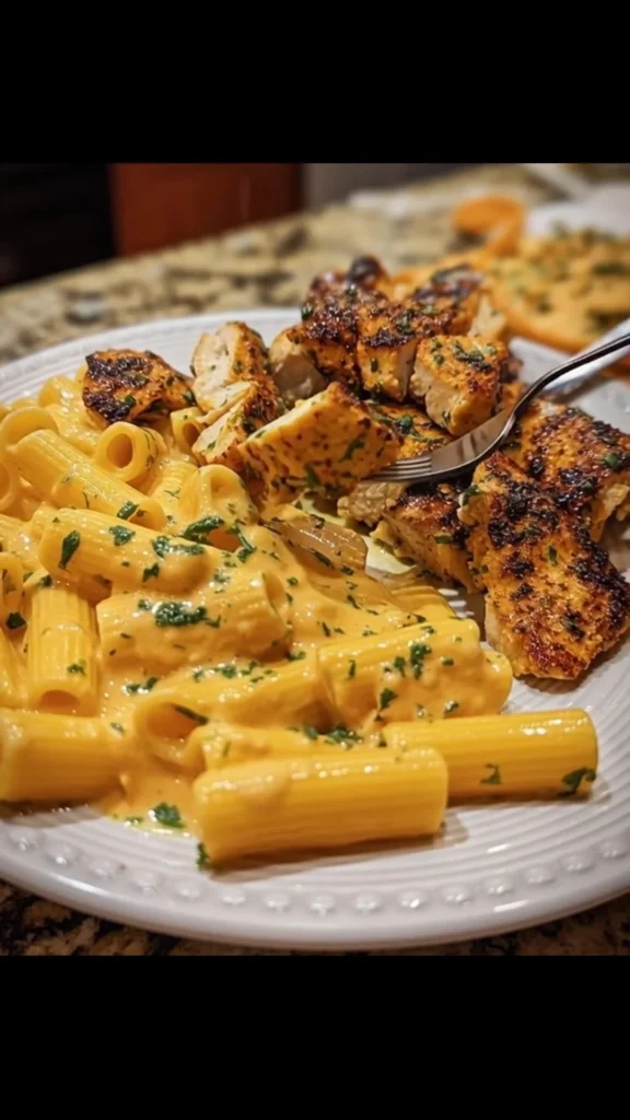 Rich and creamy four-cheese pasta in a bowl garnished with herbs