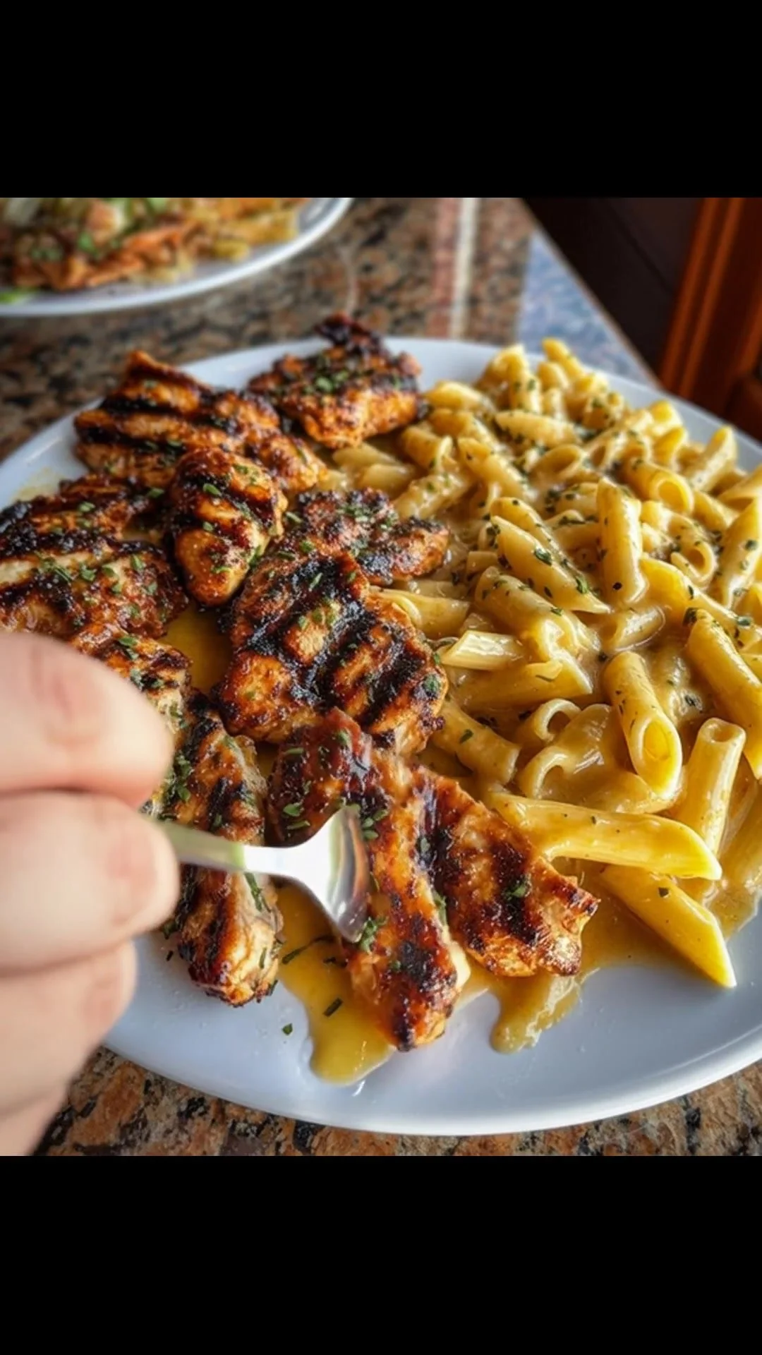 Delicious Garlic Butter Chicken Penne served with herbs and parmesan.