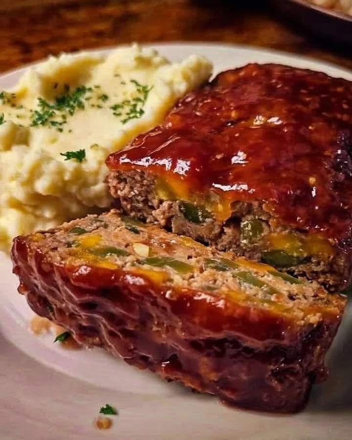 A delicious homemade meatloaf masterpiece served with sides