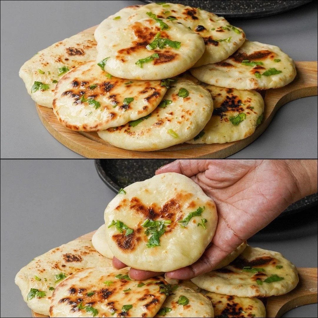 Delicious mini butter naan served with curry and sauces.