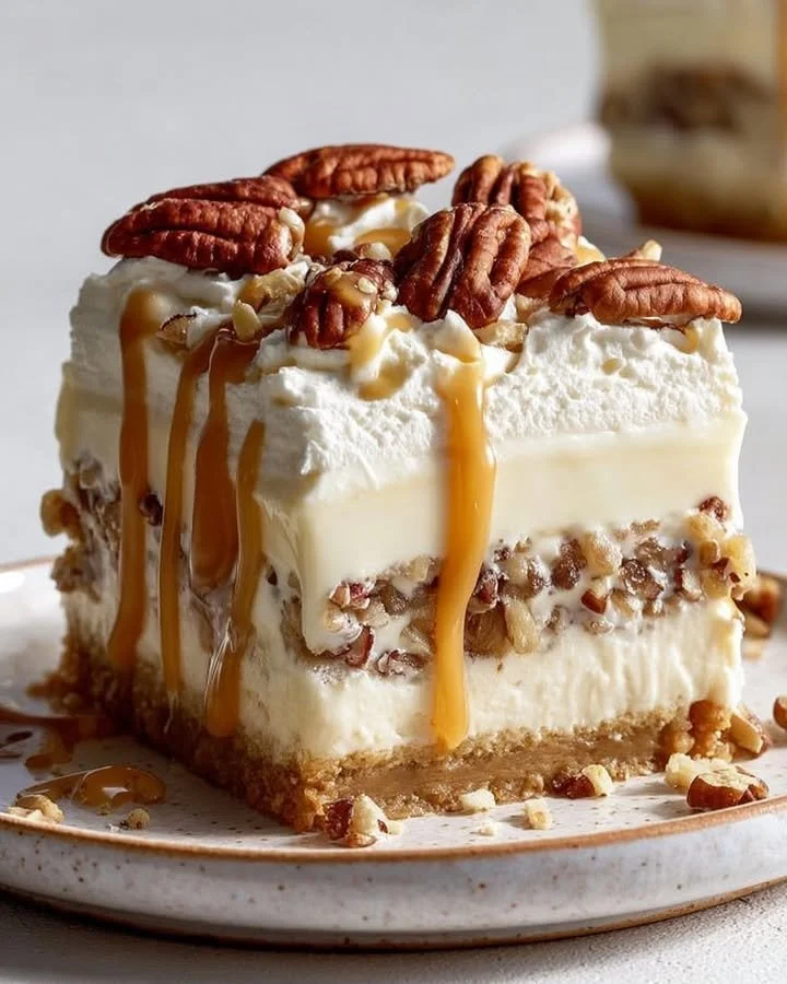 No-Bake Pecan Pie Lasagna dessert topped with pecans and creamy layers