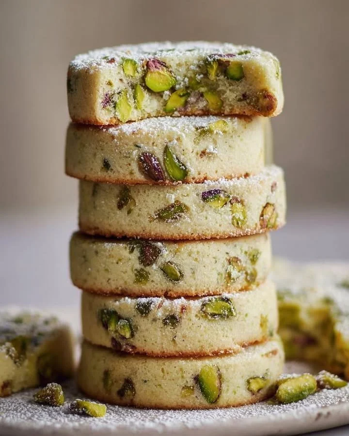 Pistachio Lemon Shortbread cookies on a plate with lemon slices