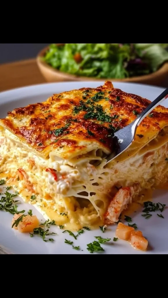 Delicious Seafood Lasagna with layers of seafood and creamy sauce