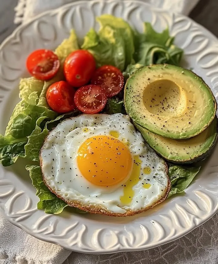 Sunny avocado egg plate with fresh greens and cherry tomatoes for a healthy meal