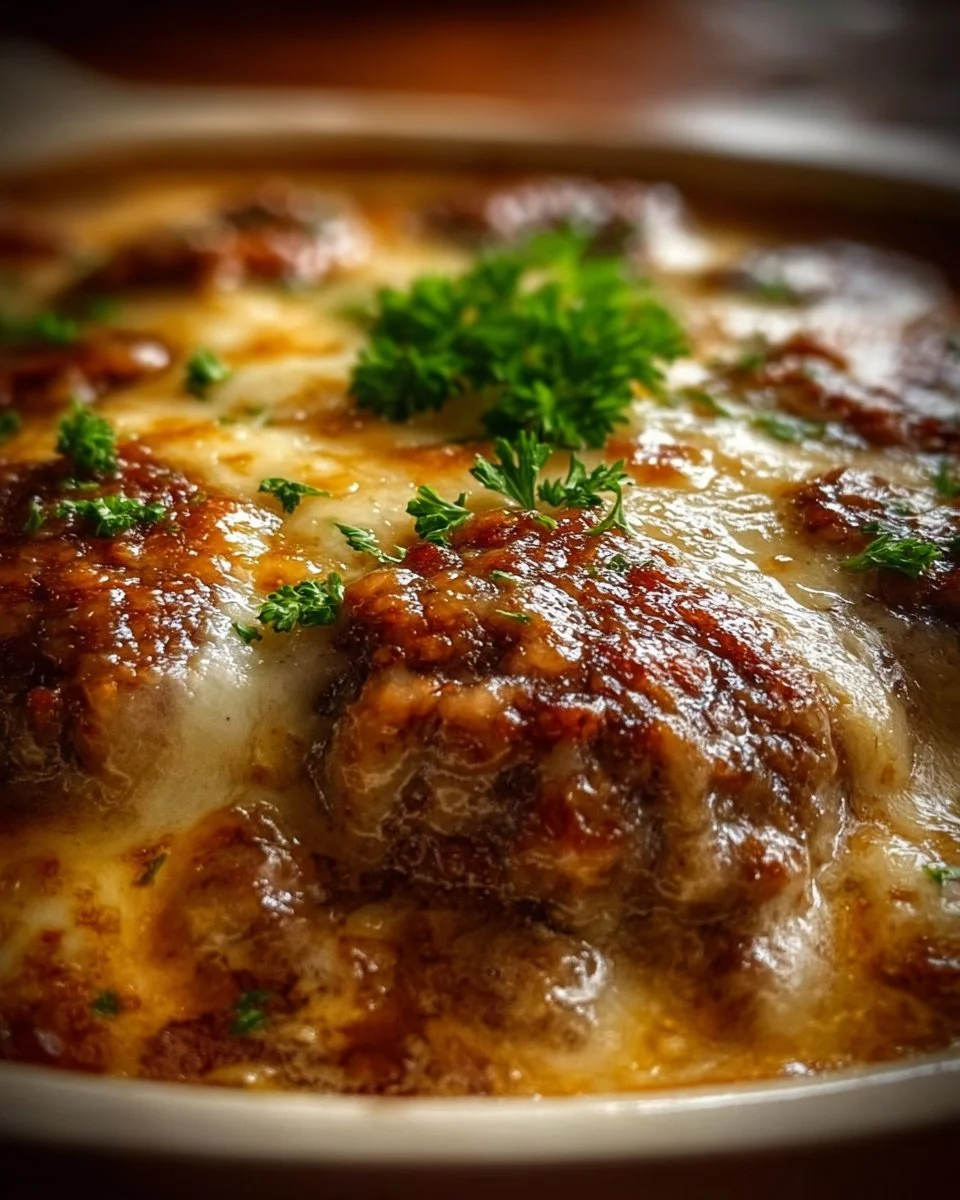 Amish Hamburger Steak Bake served with savory sides and garnished herbs.