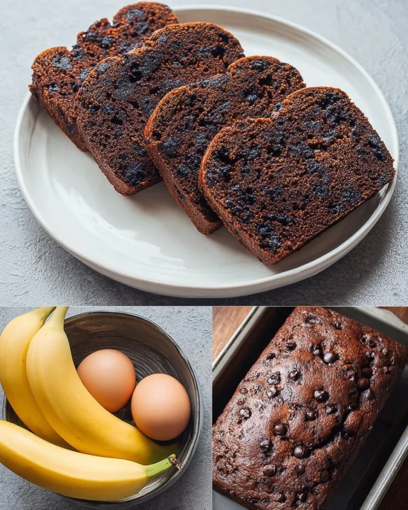 Slice of moist Banana Chocolate Cake topped with chocolate frosting and banana slices.