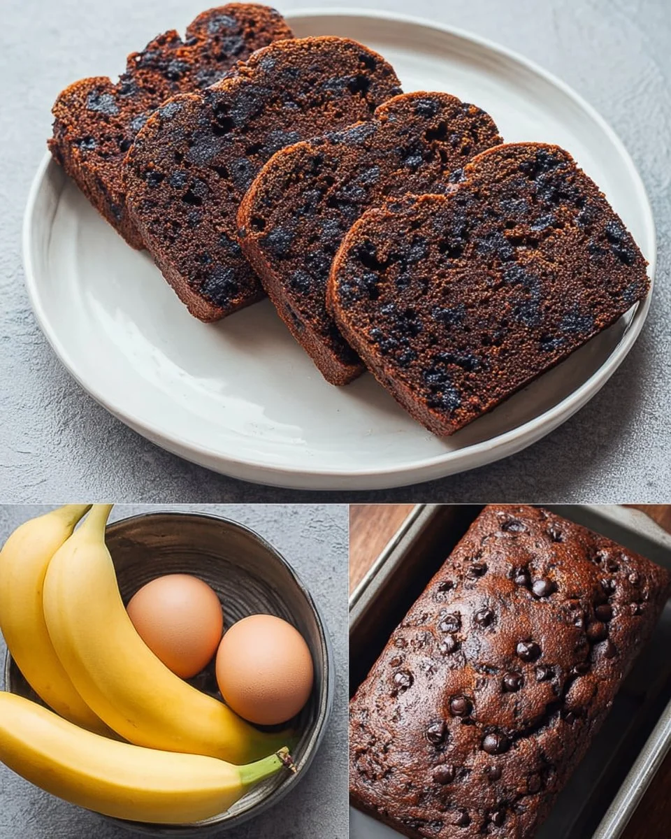 Slice of moist Banana Chocolate Cake topped with chocolate frosting and banana slices.