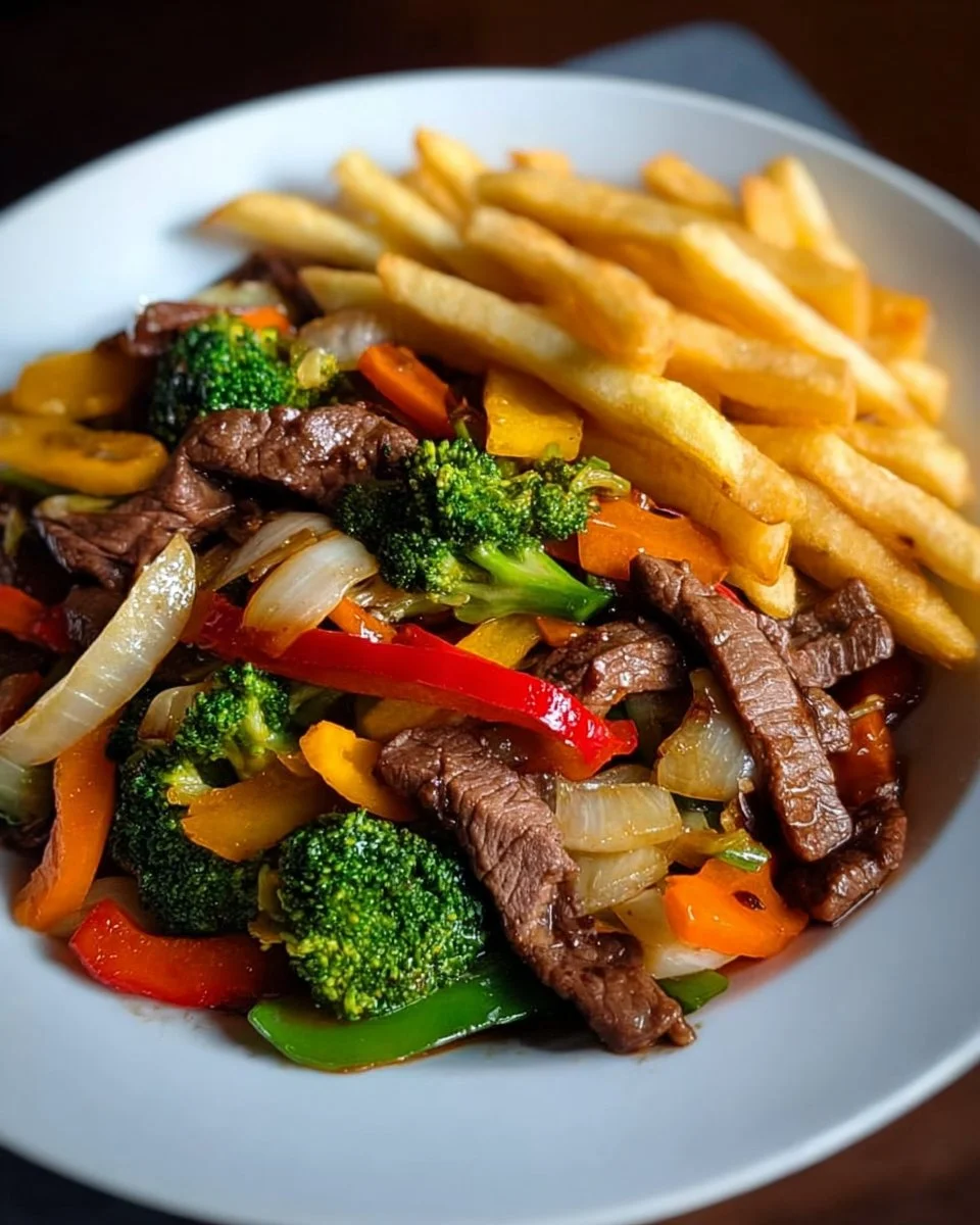 Beef and Vegetable Stir-fry on a plate garnished with green onions