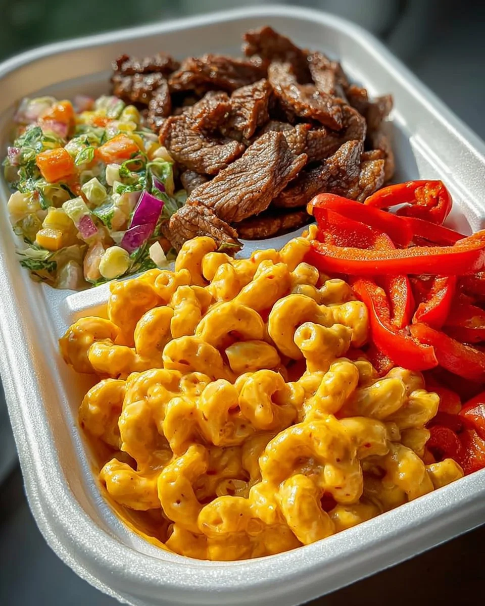 Delicious beef strips served with creamy macaroni and cheese
