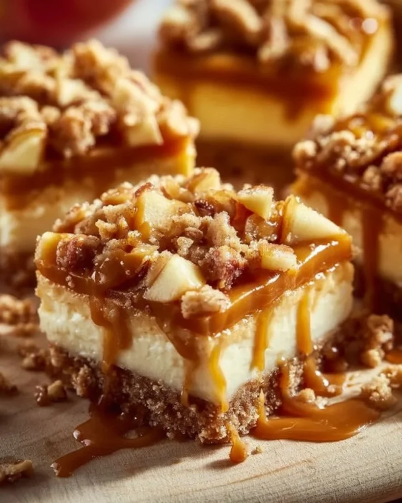 Delicious caramel apple cheesecake bars with a creamy filling and caramel drizzle.