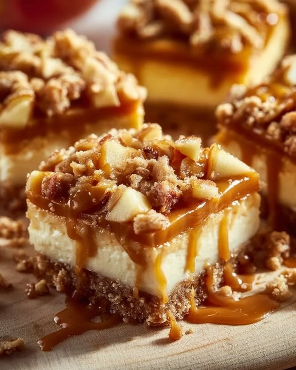 Delicious caramel apple cheesecake bars with a creamy filling and caramel drizzle.