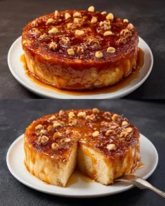 Delicious Caramel Bread Nut Pudding topped with caramel and nuts.