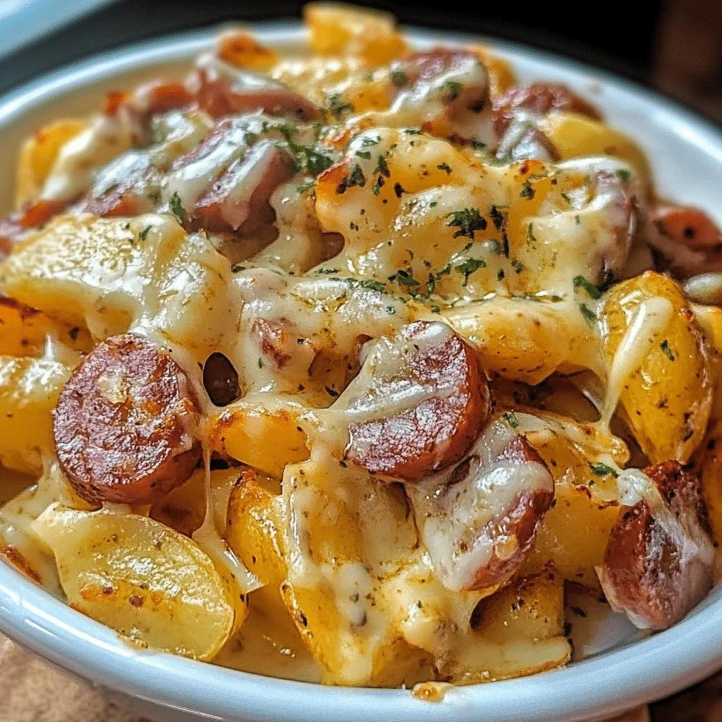 Cheesy ranch potatoes with smoked sausage served on a plate