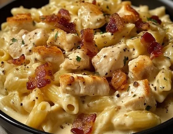 Bowl of creamy Chicken Bacon Ranch Pasta topped with crispy bacon.