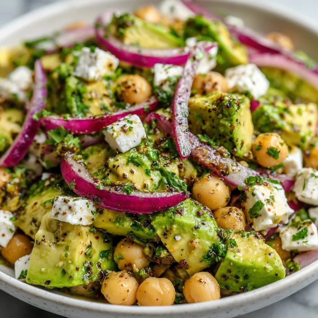 Chickpea Feta Avocado Salad served in a bowl with fresh ingredients