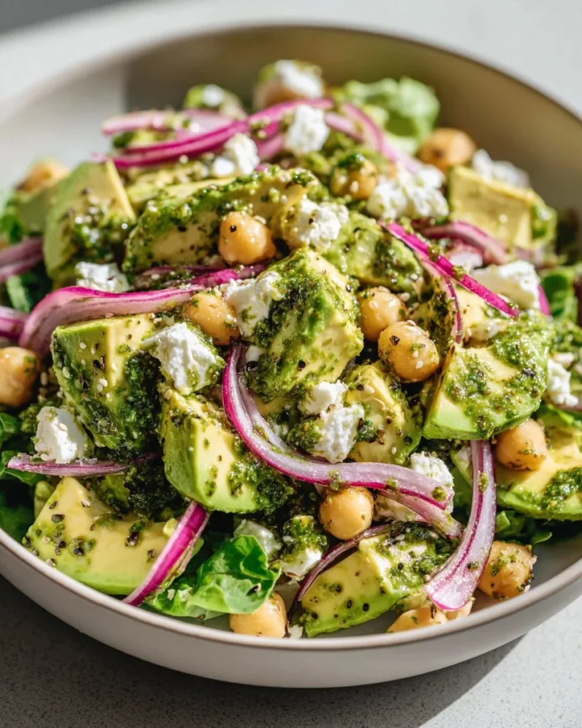 Chickpea Feta Avocado Salad with fresh ingredients in a bowl