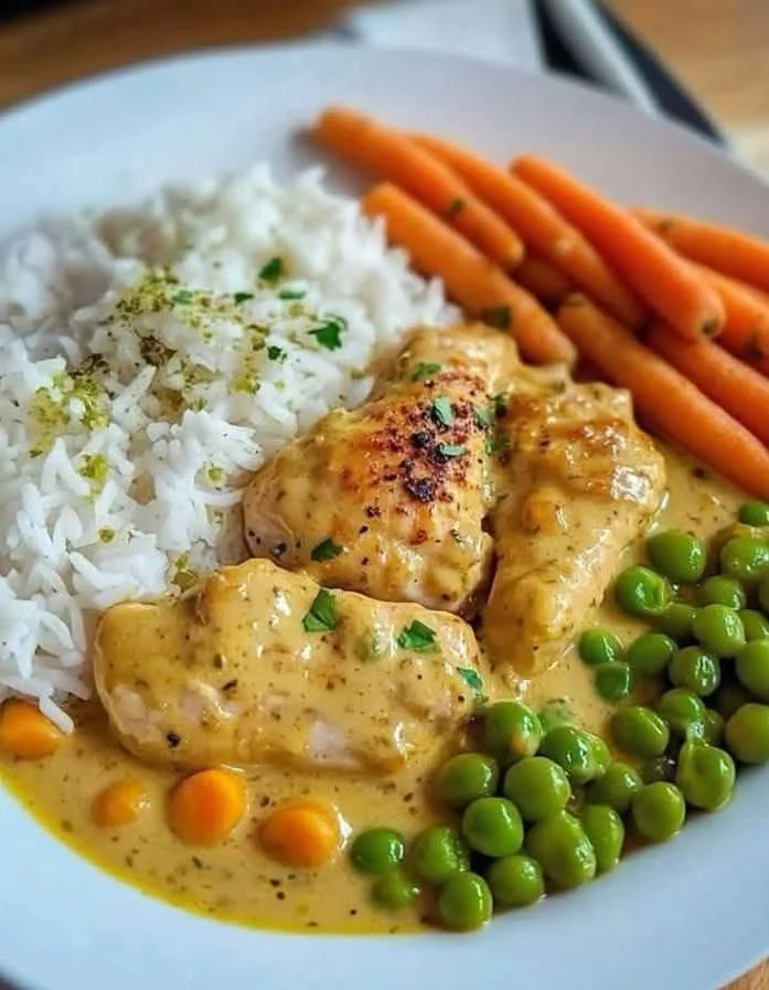 Delicious creamy mustard chicken with rice and vegetables