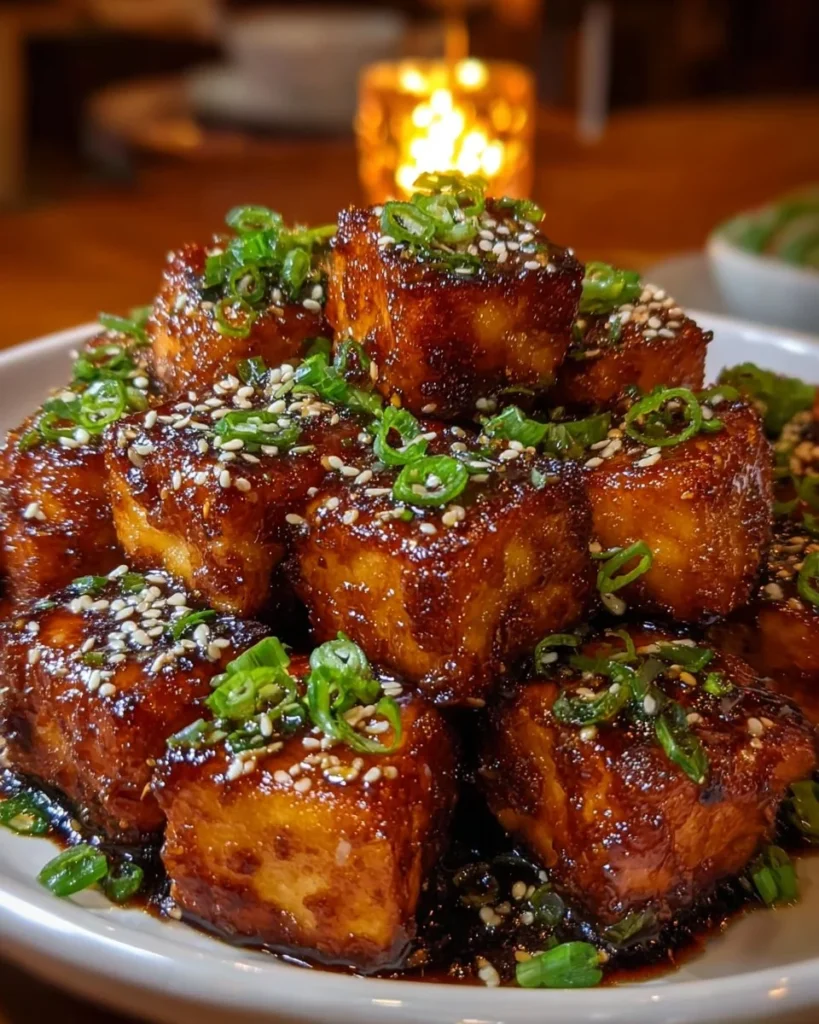 Crispy honey garlic tofu dish garnished with fresh herbs on a plate.