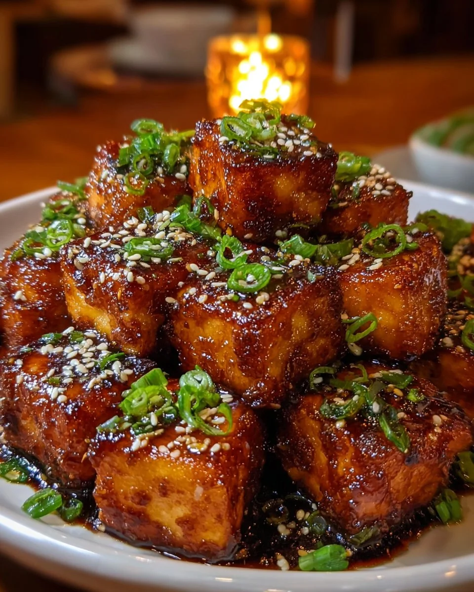 Crispy honey garlic tofu dish garnished with fresh herbs on a plate.