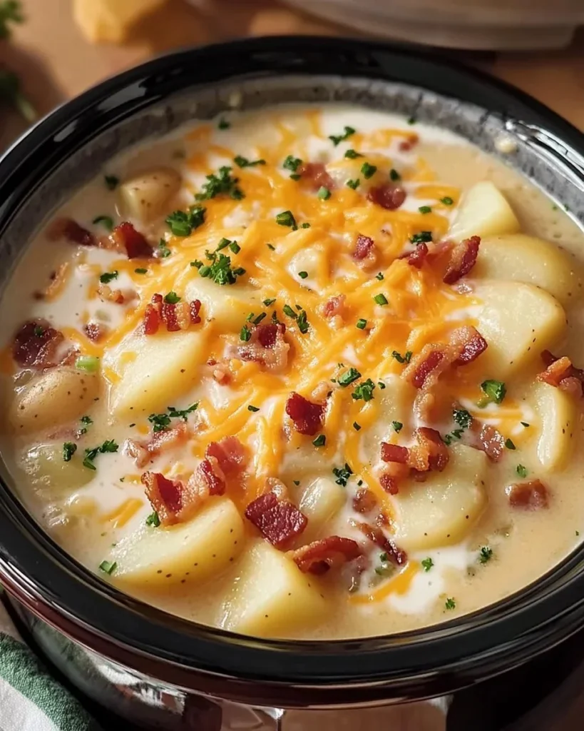 Creamy Crock Pot Crack Potato Soup in a bowl with toppings