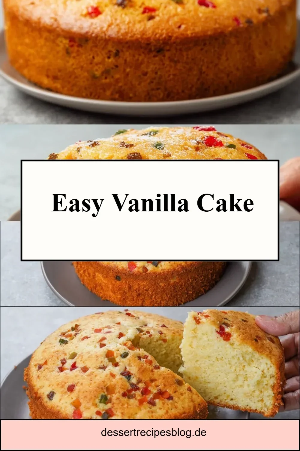 Homemade easy vanilla cake with icing decoration on a white plate