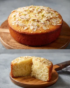 Eggless semolina cake topped with nuts and served on a plate