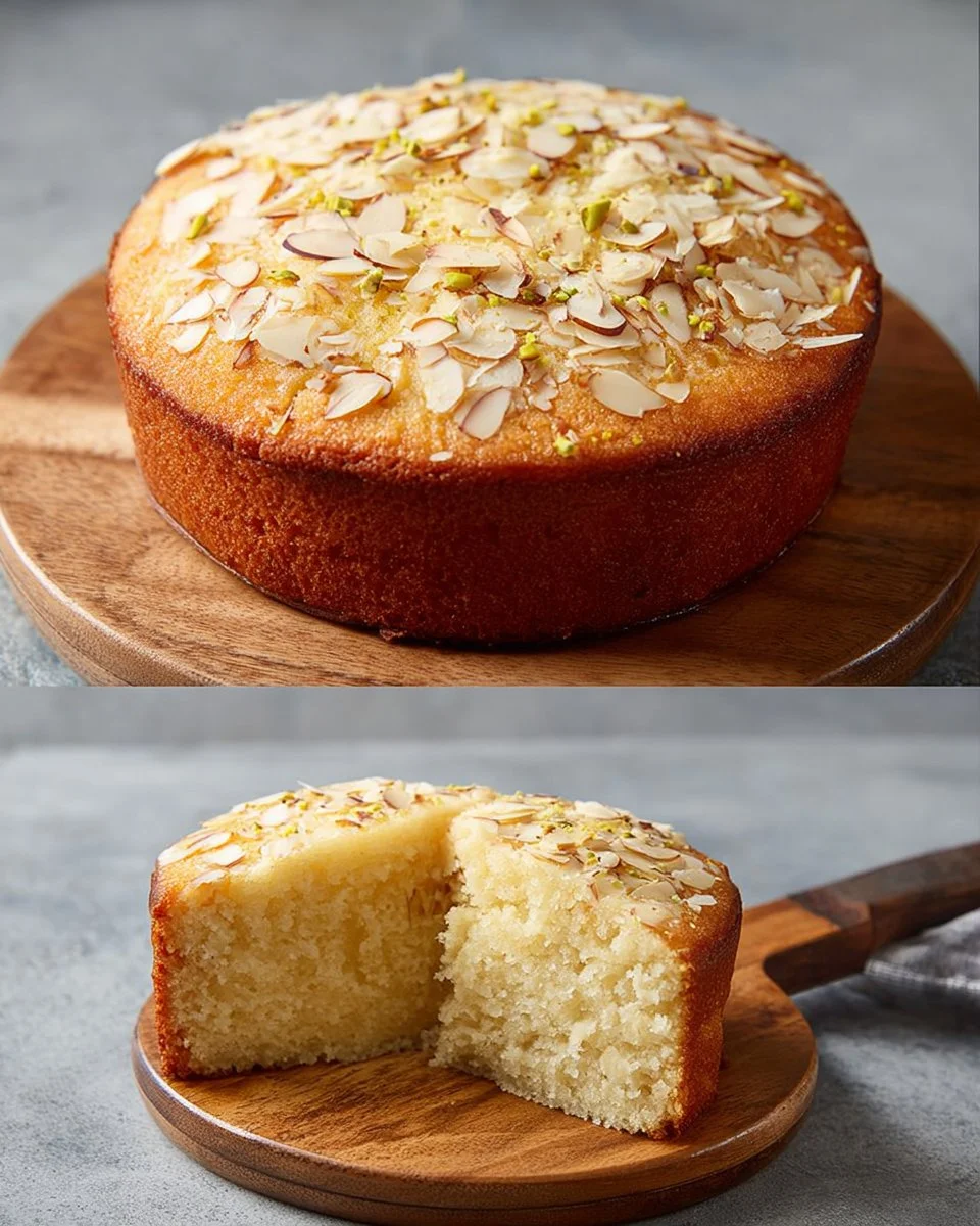 Eggless semolina cake topped with nuts and served on a plate