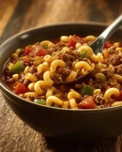 Bowl of steaming goulash garnished with herbs and spices