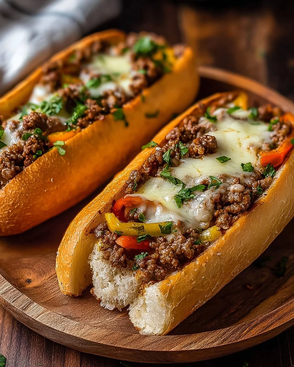 Delicious Ground Beef Philly Cheesesteaks served with melted cheese and peppers