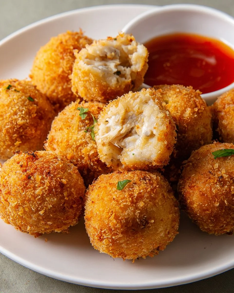 Plate of homemade Potato Chicken Balls, crispy and golden brown.