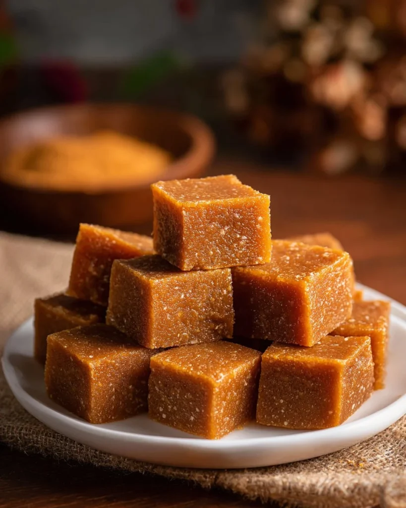 Delicious Rice Halwa Fudge topped with nuts and served in a dessert dish.