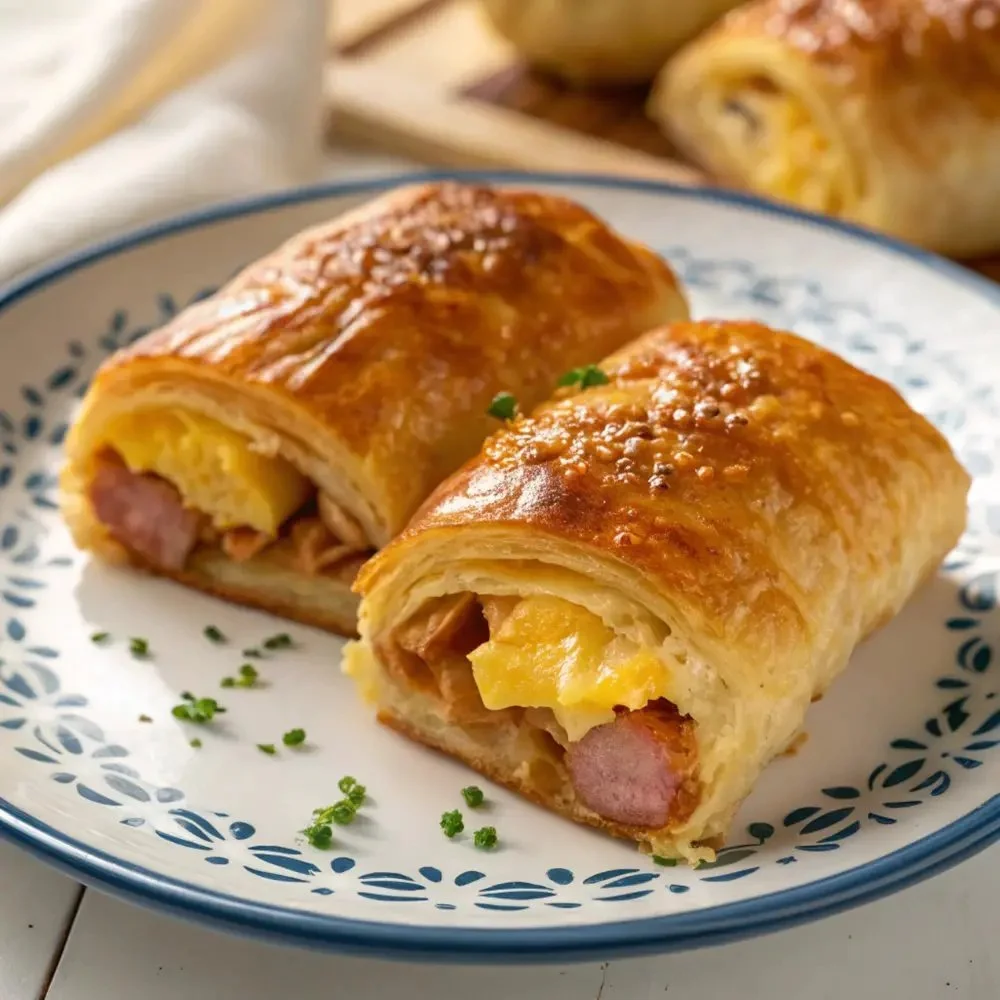 Sausage egg breakfast roll-ups served on a plate for a quick morning meal.