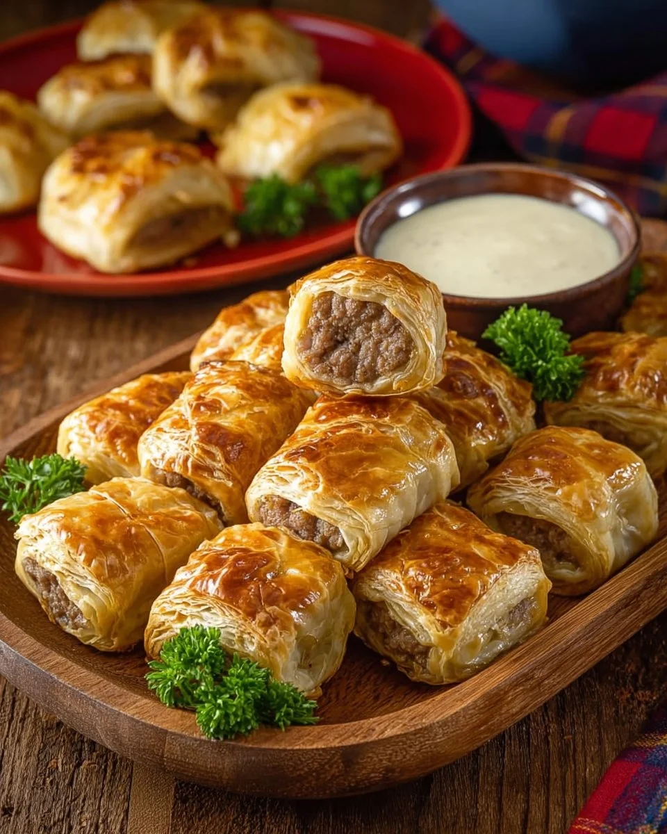 Delicious sausage rolls served with honey mustard sauce