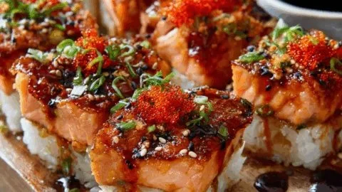 Spicy Salmon Sushi Bake topped with scallions and sesame seeds in a baking dish