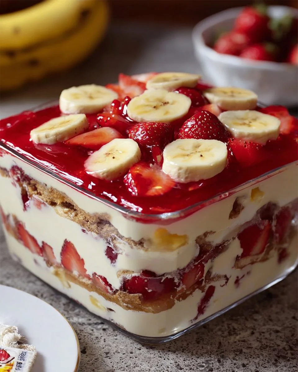Delicious Strawberry Banana Pudding dessert with fresh strawberries and bananas