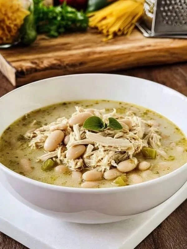 Bowl of creamy White Chicken Chili topped with cilantro and cheese.