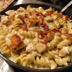 Delicious Chicken Bacon Ranch Pasta with creamy sauce and crispy bacon