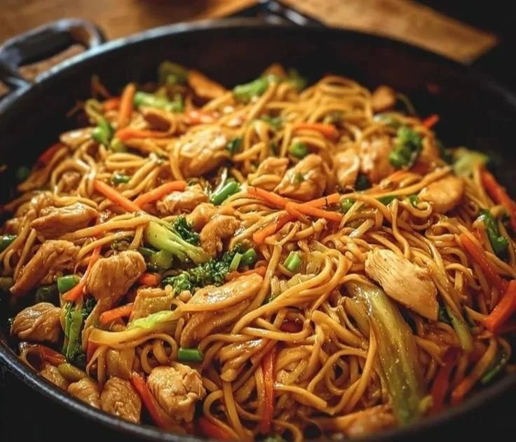 A plate of Chicken Lo Mein with colorful vegetables and tender chicken