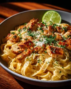 A bowl of creamy Cowboy Butter Chicken Pasta garnished with herbs.