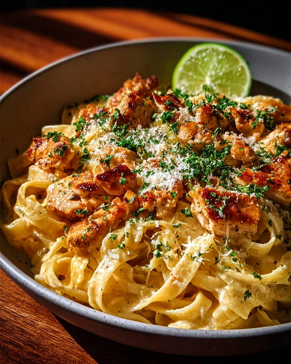 A bowl of creamy Cowboy Butter Chicken Pasta garnished with herbs.