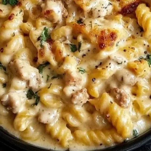 Creamy chicken pasta dish made in a crockpot, ready to serve.