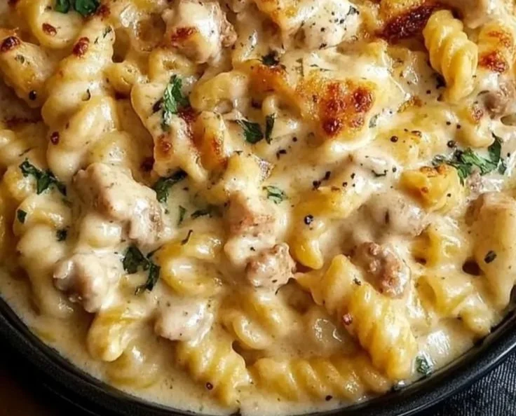 Creamy chicken pasta dish made in a crockpot, ready to serve.