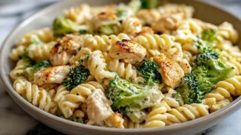 Creamy rotisserie chicken broccoli pasta served in a bowl with fresh herbs