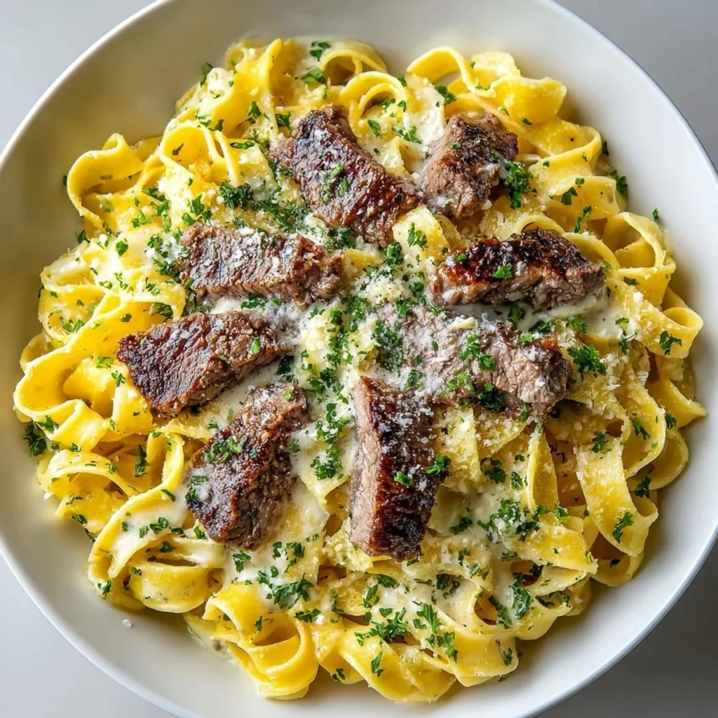 Creamy steak pasta with garlic served in a bowl, garnished with parsley.