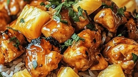 Delicious Pineapple Chicken served with rice, showcasing a sweet and savory flavor.