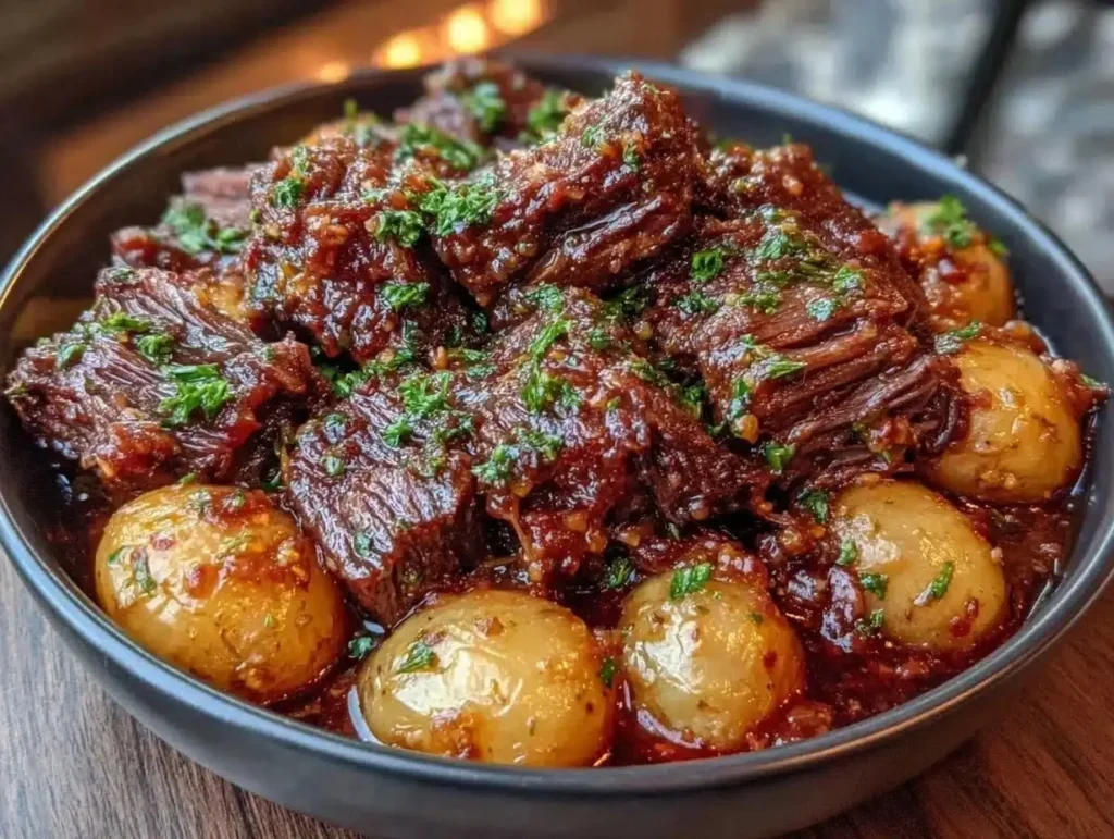 Slow cooker garlic butter beef with potatoes plated and garnished