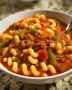 A hearty bowl of goulash with meat and pasta in a savory sauce